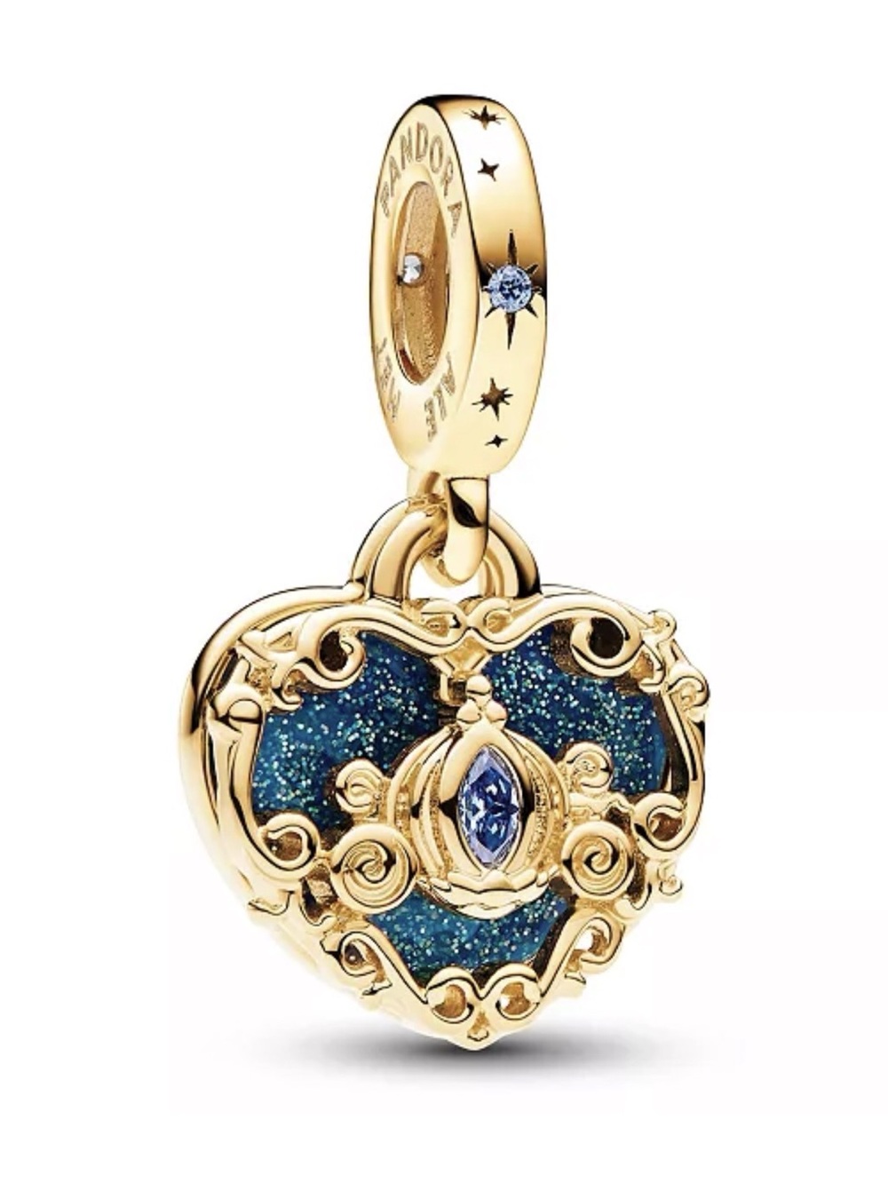 Pandora Gold-tone Heart Pendant Charm with Blue Glitter and Sapphire Stone